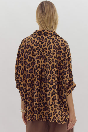 ENTRO INC Women's Top Cheetah Print Button Down Collared Half Sleeve Top || David's Clothing