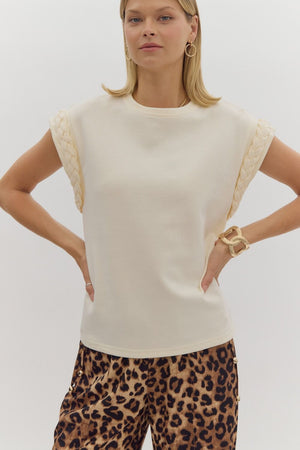 ENTRO INC Women's Top CREAM / S Solid Round Neck Cap Sleeve Top || David's Clothing T24398