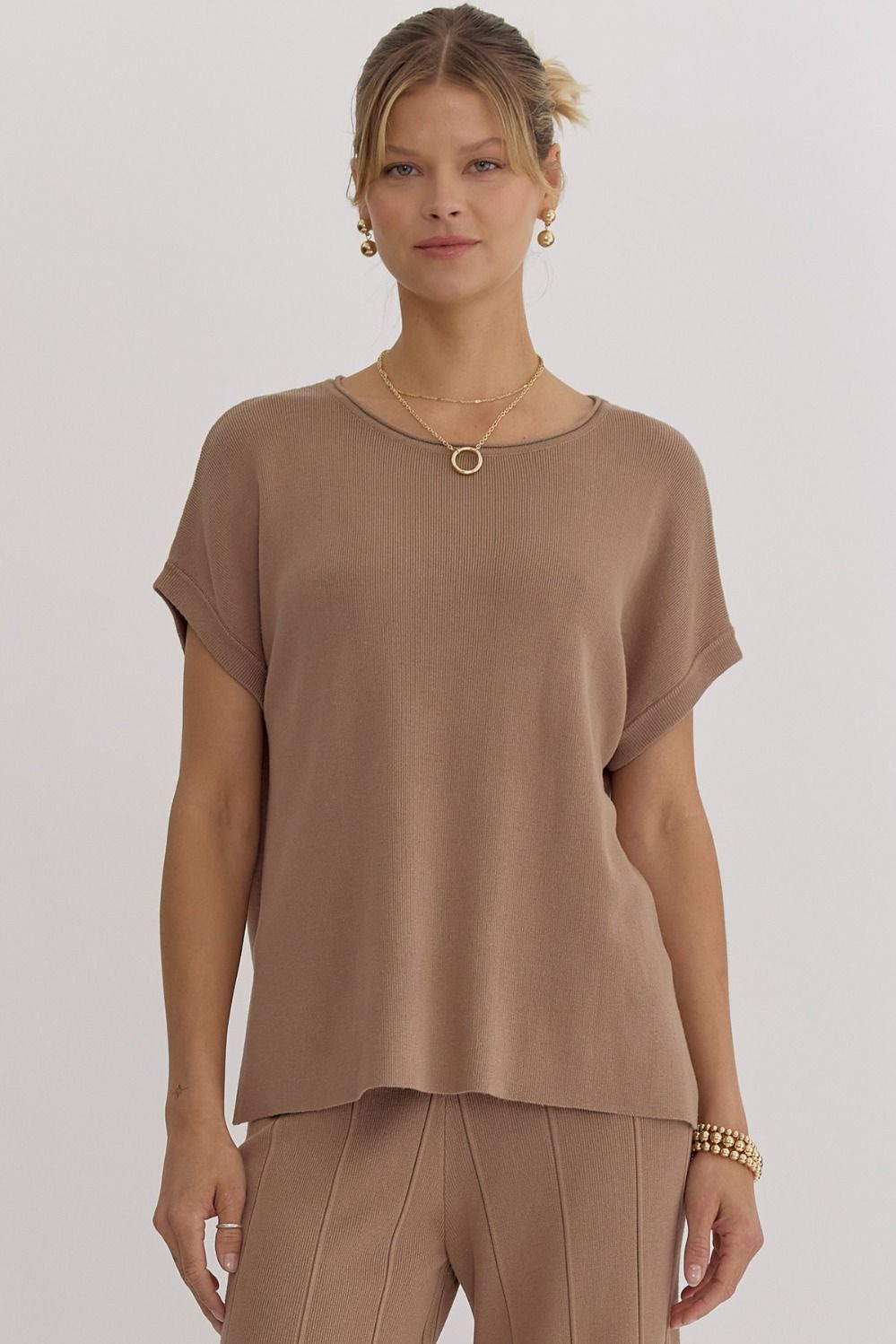 ENTRO INC Women's Top MOCHA / S Solid Ribbed Round Neck Short Sleeve Top || David's Clothing T24219