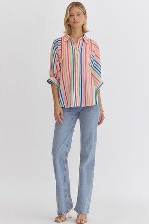 ENTRO INC Women's Top Multicolor Stripe Button Down Half Sleeve Collared Top || David's Clothing