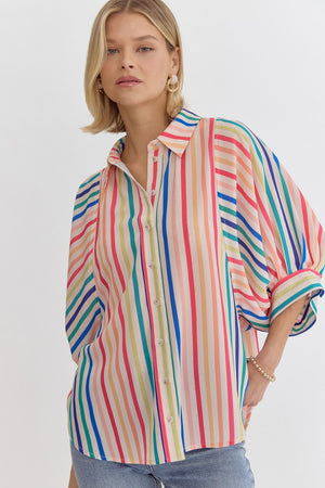 ENTRO INC Women's Top Multicolor Stripe Button Down Half Sleeve Collared Top || David's Clothing