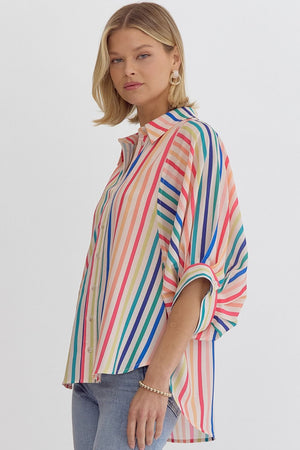 ENTRO INC Women's Top Multicolor Stripe Button Down Half Sleeve Collared Top || David's Clothing