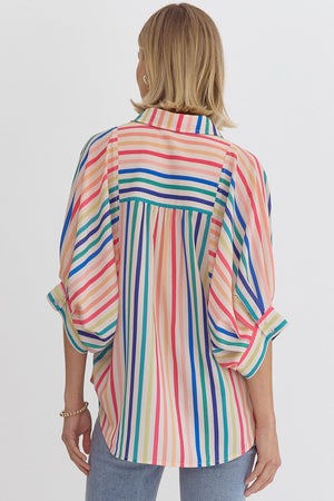 ENTRO INC Women's Top Multicolor Stripe Button Down Half Sleeve Collared Top || David's Clothing