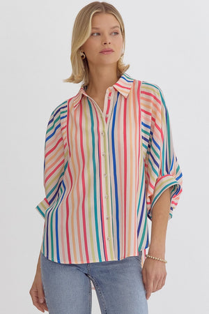 ENTRO INC Women's Top Multicolor Stripe Button Down Half Sleeve Collared Top || David's Clothing