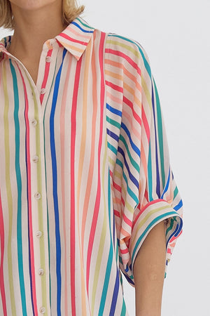 ENTRO INC Women's Top Multicolor Stripe Button Down Half Sleeve Collared Top || David's Clothing