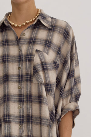 ENTRO INC Women's Top Oversize Plaid Button Down Half Sleeve Top || David's Clothing