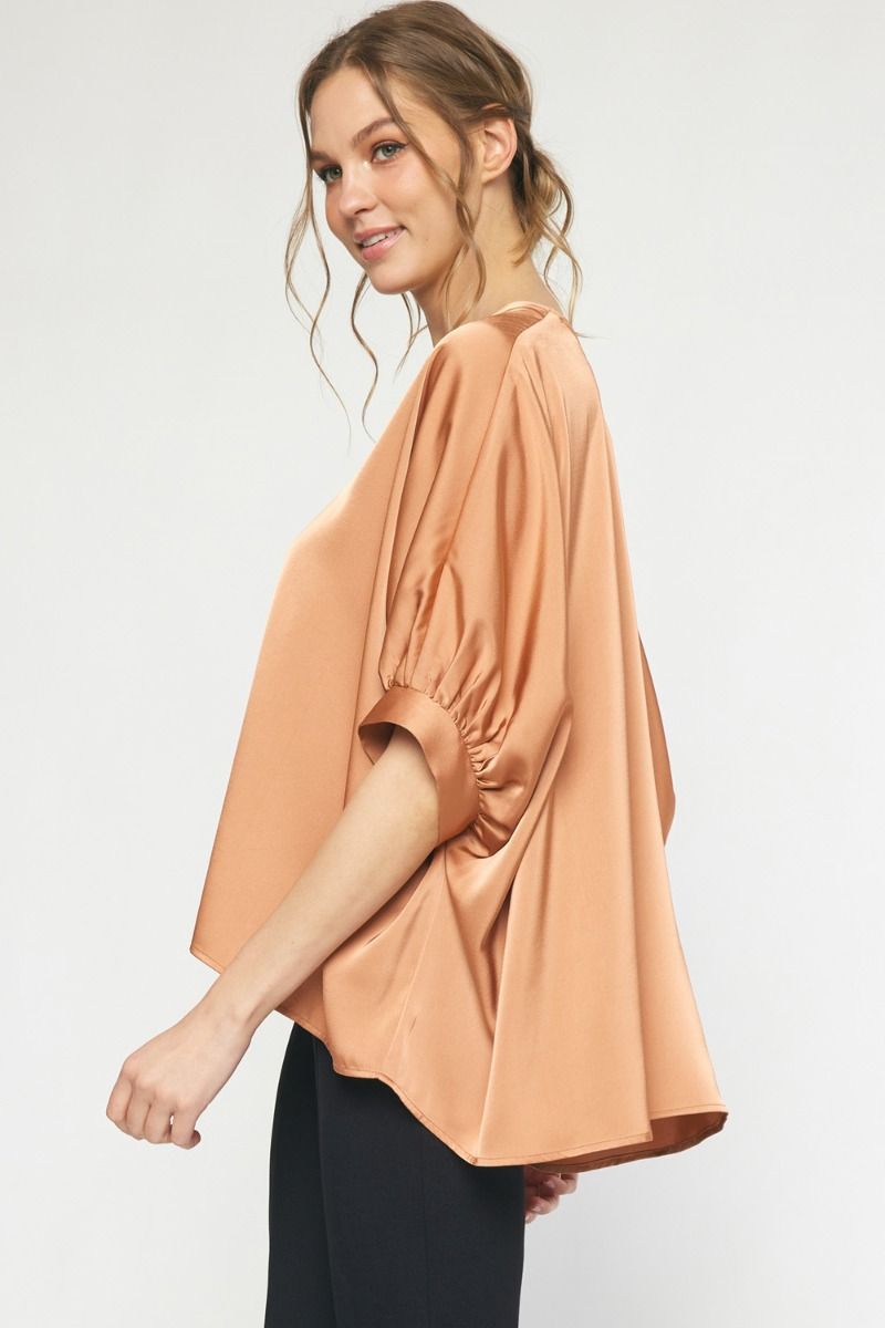 Satin V-Neck 1/2 Sleeve Top || David's Clothing