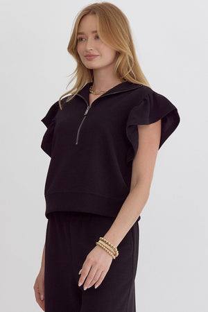 ENTRO INC Women's Top Textured Solid Ruffle Sleeve Top || David's Clothing