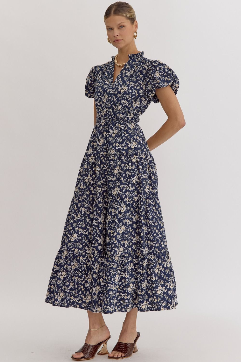 Floral Print V-Neck Bubble Sleeve Maxi Dress