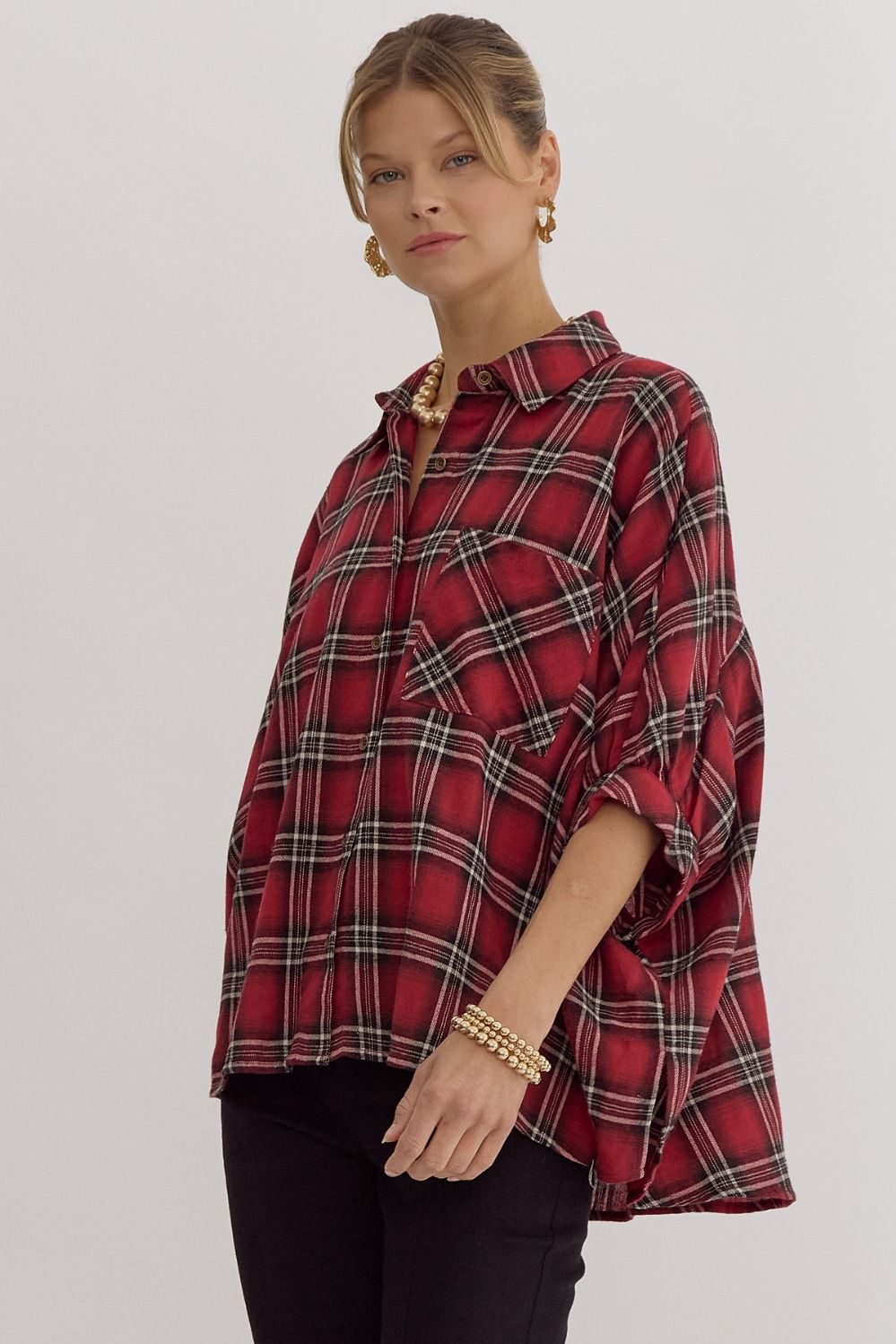 Oversize Plaid Button Down Half Sleeve Top