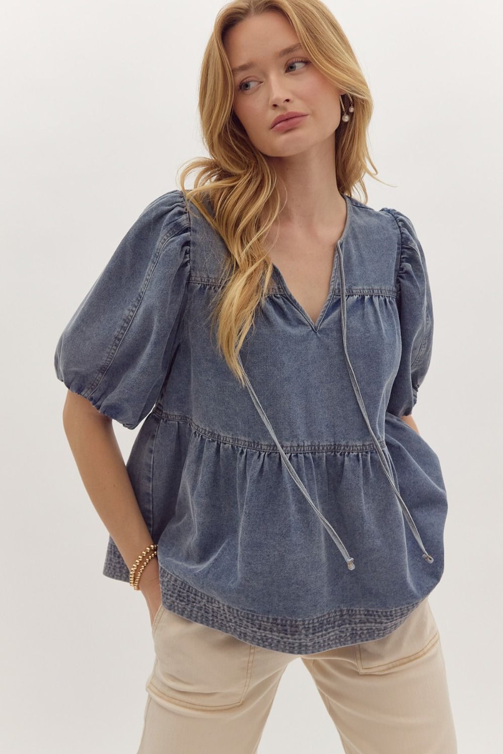 Denim V-Neck Bubble Sleeve Tiered Top
