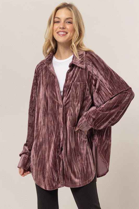 HYFVE INC. Women's Jackets Oversized Velvet Button-up Shirt Jacket || David's Clothing