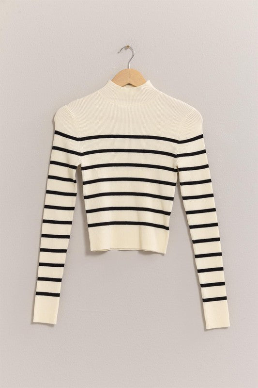 HYFVE INC. Women's Top Striped Cropped Mock Neck Sweater || David's Clothing