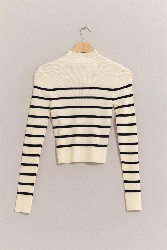 HYFVE INC. Women's Top Striped Cropped Mock Neck Sweater || David's Clothing