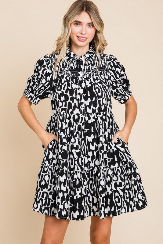 JODIFL Women's Dresses BLACK / S Print Collar Dress with Pockets || David's Clothing H10802