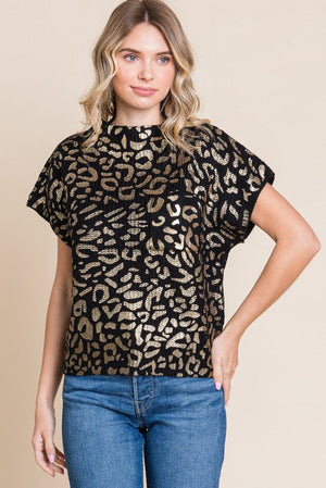 JODIFL Women's Sweaters BLACK / S Metallic Leopard Print Top with Pocket || David's Clothing H10981A