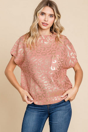 JODIFL Women's Sweaters BLUSH / S Metallic Leopard Print Top with Pocket || David's Clothing H10981A