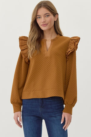 JODIFL Women's Sweaters TOFFEE / S Textured ruffly Shoulder Top || David's Clothing G12430