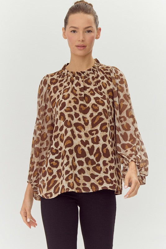 JODIFL Women's Top Leopard Print Chiffon Long Sleeves Top || David's Clothing