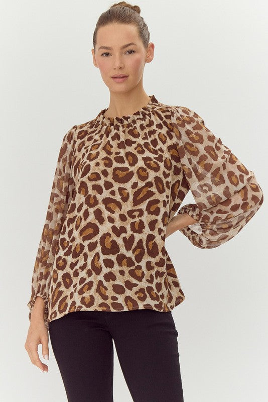 JODIFL Women's Top Leopard Print Chiffon Long Sleeves Top || David's Clothing