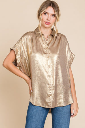 JODIFL Women's Top Metallic Collared Button Up Top || David's Clothing