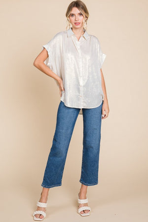 JODIFL Women's Top Metallic Collared Button Up Top || David's Clothing