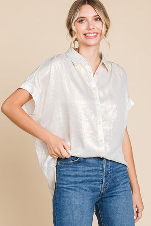 JODIFL Women's Top Metallic Collared Button Up Top || David's Clothing