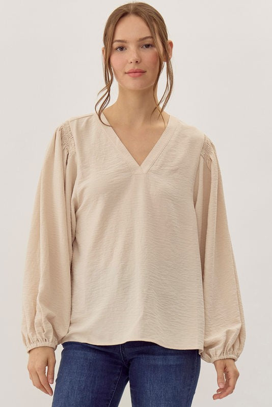 JODIFL Women's Top OATMEAL / S Solid Long Peasant Sleeves Top || David's Clothing G12091-1