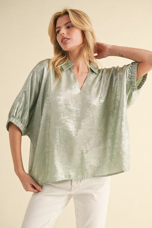 JODIFL Women's Top SAGE / S Metallic 1/2 Dolman Sleeves Top || David's Clothing G13482