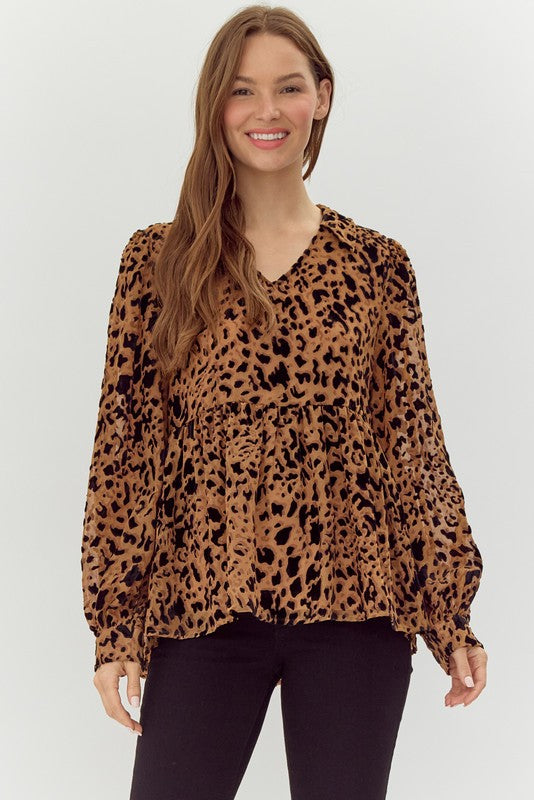 JODIFL Women's Top Toffee Leopard Print Baby Doll Top || David's Clothing