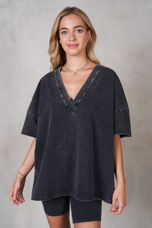 LEBIZ Women's Top CHARCOAL / S V-neck Drop Shoulder Boxy T-Shirt || David's Clothing MST15123T