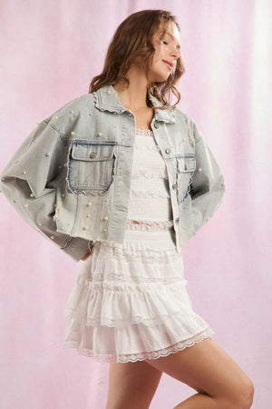 PEACH LOVE 19-Women Jackets Scallop Detailed Pearl Embellished Denim Jacket || David's Clothing