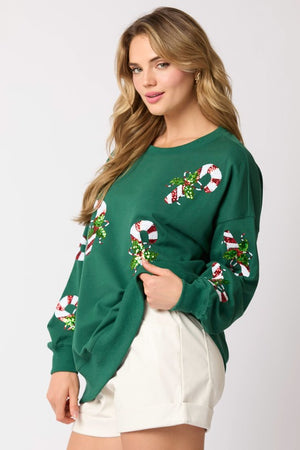 PEACH LOVE Women's Sweaters French Terry Pull Over With Sequins Candy Cane || David's Clothing