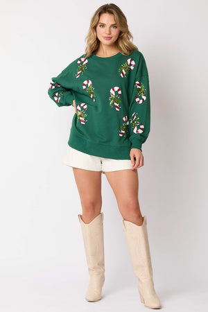 PEACH LOVE Women's Sweaters French Terry Pull Over With Sequins Candy Cane || David's Clothing