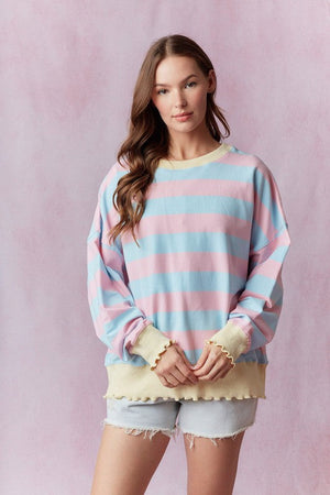 PEACH LOVE Women's Sweaters BLUE / S Stripe Terry Top with Lettuce Rib IKT39049