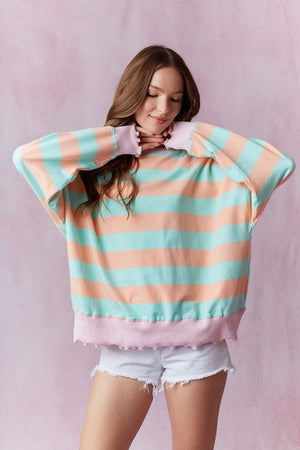 PEACH LOVE Women's Sweaters Stripe Terry Top with Lettuce Rib