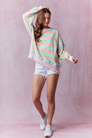 PEACH LOVE Women's Sweaters Stripe Terry Top with Lettuce Rib