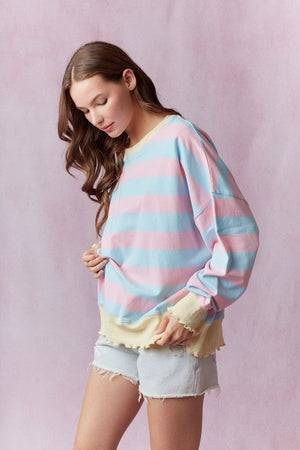 PEACH LOVE Women's Sweaters Stripe Terry Top with Lettuce Rib