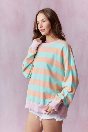 PEACH LOVE Women's Sweaters Stripe Terry Top with Lettuce Rib