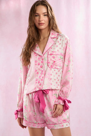 PEACH LOVE Women's Top Floral Printed Satin Pajamas Set || David's Clothing