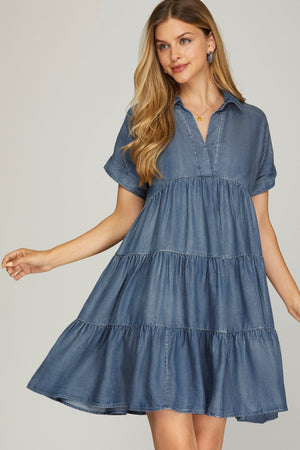 SHE AND SKY Women's Dresses Chambray Tiered Dress || David's Clothing