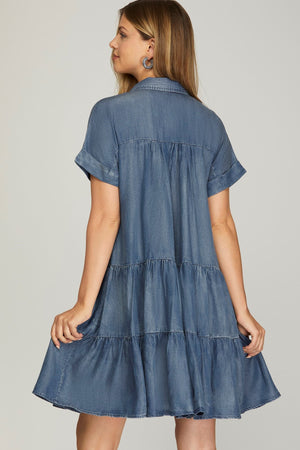 SHE AND SKY Women's Dresses Chambray Tiered Dress || David's Clothing