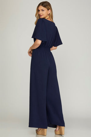 SHE AND SKY Women's Pants Flounce Sleeve Smock Waist Wide Leg Woven Jumpsuit || David's Clothing