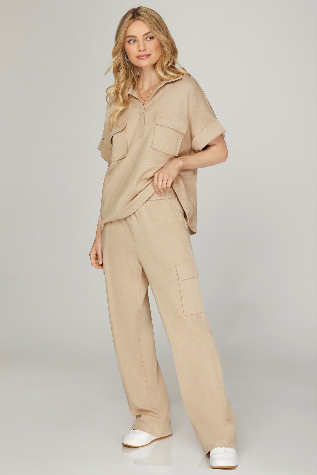 SHE AND SKY Women's Pants TAUPE / S Knit Cargo Pants With Pockets And Waist Elastic || David's Clothing SY7277-P