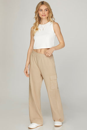 SHE AND SKY Women's Pants TAUPE / S Knit Cargo Pants With Pockets And Waist Elastic || David's Clothing SY7277-P