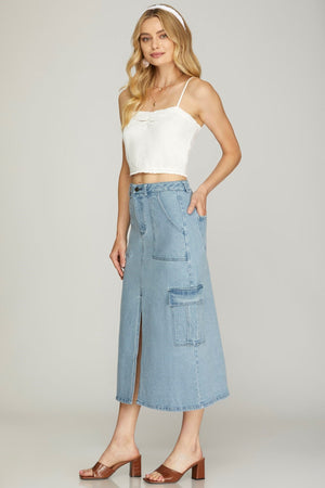 SHE AND SKY Women's Skirts Denim Cargo Midi Skirt || David's Clothing