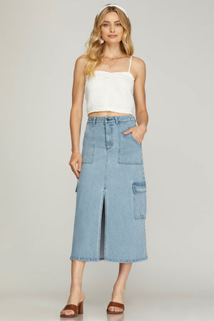 SHE AND SKY Women's Skirts Denim Cargo Midi Skirt || David's Clothing