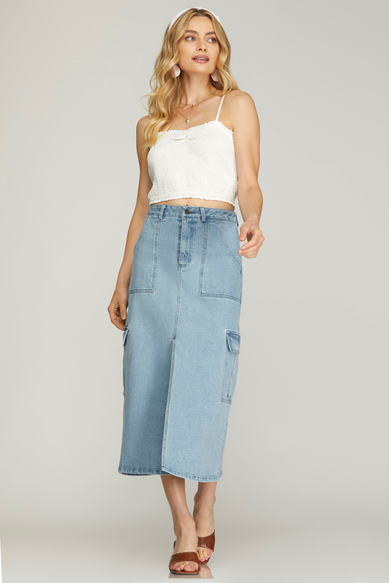 SHE AND SKY Women's Skirts Denim Cargo Midi Skirt || David's Clothing