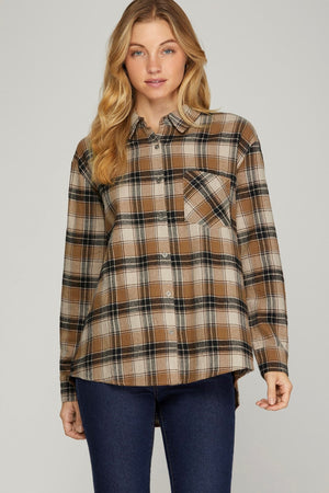 SHE AND SKY Women's Top BROWN / S Long Sleeve Woven Plaid Shirt || David's Clothing SY7567