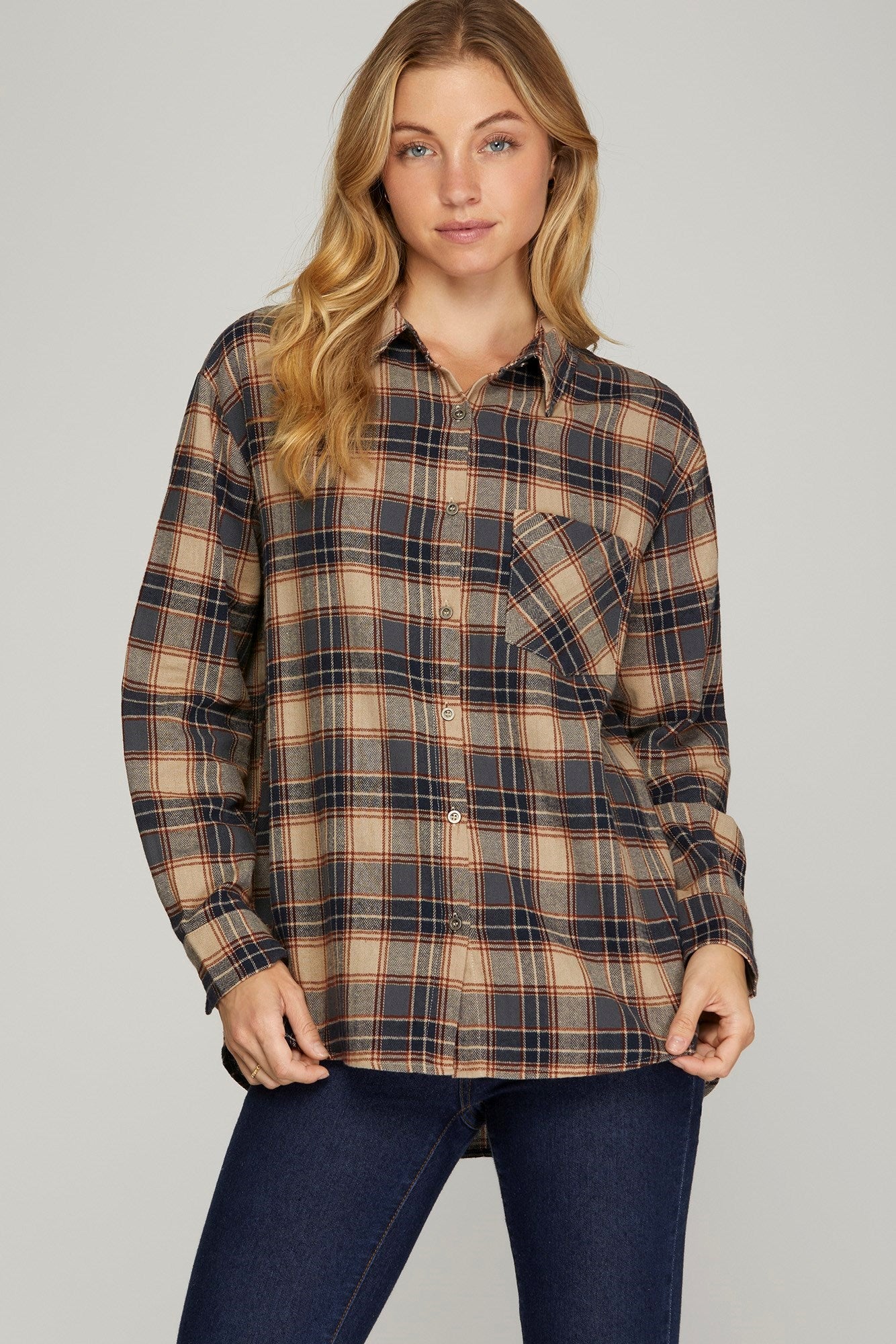 SHE AND SKY Women's Top NAVY / S Long Sleeve Woven Plaid Shirt || David's Clothing SY7567